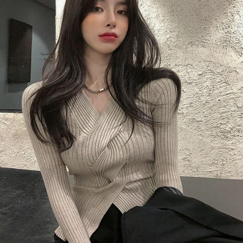 Женский вязаный нижний свитер Весна Осень V-образным вырезом сплошной цвет с длинным рукавом Дизайн Крест