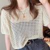 IHUASU Ажурный топ женский летний короткий рукав трикотажный свободный О-образный вырез шелковая блузка шикарные сетчатые топы