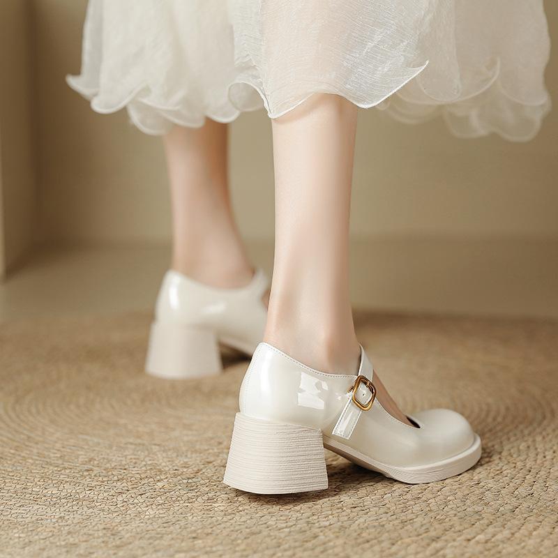 Sweet French thick heel shallow mouth Mary Jane shoes women's 2025 early spring new one-word with round head high heel single shoes versatile