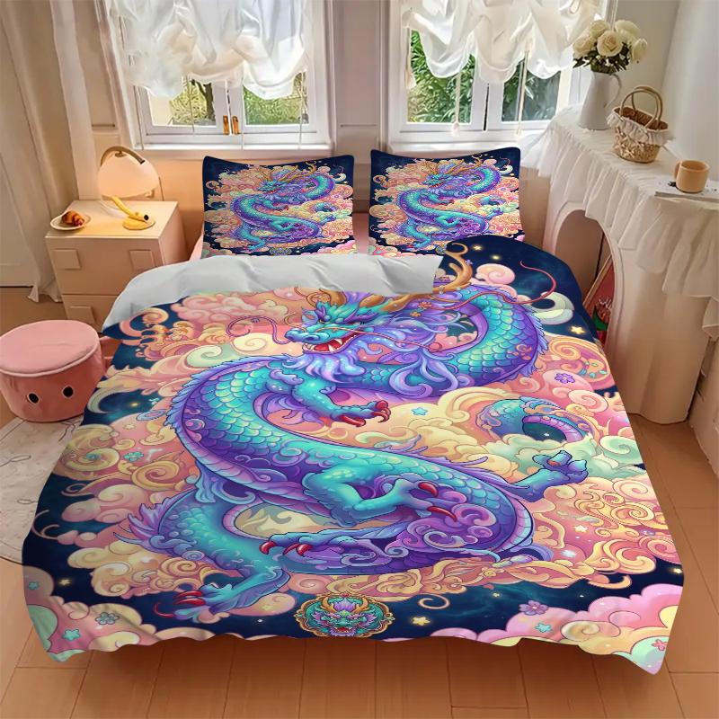 3Pcs Colorful Dragon Fantasy Bedding Set Soft Fabric Duvet Cover Pillowcases Home Christmas Xmas Halloween Gift 1 Duvet Cover 2 Pillowcase G1280
