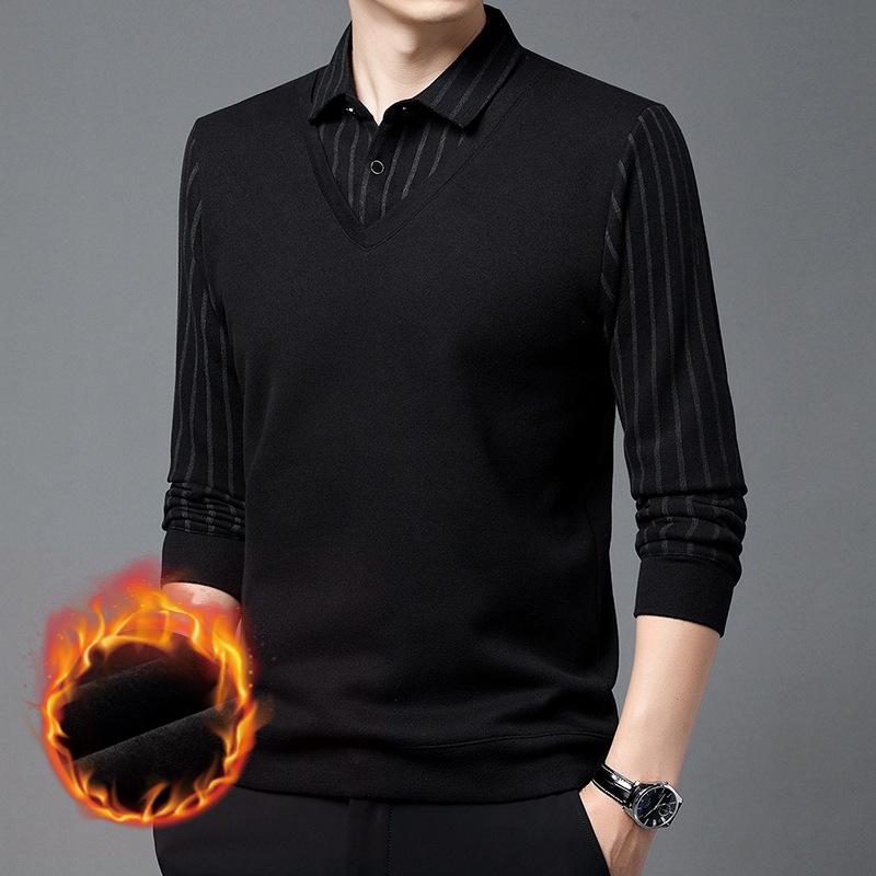 Мужская рубашка-поло из двух частей для отдыха среднего возраста, зимняя, для папы, плюс утолщенная теплая рубашка из бархата, вязаный шерстяной свитер
