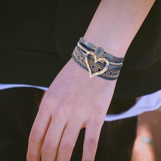 Women Bracelet Faux Leather Love Heart Charm Multi-Layer Bohemia Resin Stone Gift Braided Punk