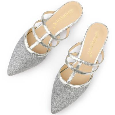 Allegra K Женские серебристые мюли с острым носком и низким каблуком, размер 26.0 см, Т-образные балетки