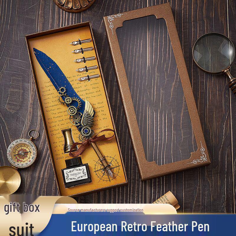 European Steampunk Quill and Ink Set with Wax Seal - Retro Fountain Pen Gift Box for Birthdays