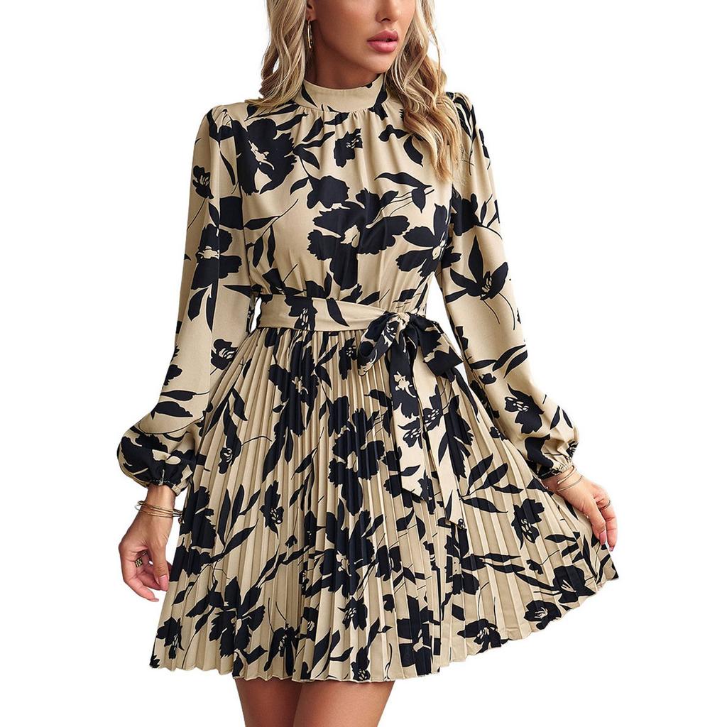 Women Printed Dress with Waistband Long Sleeves Half High Collar Dress Pleated Hem Short Dress