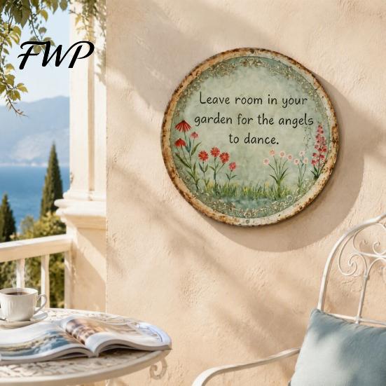 Retro Wall Decor Round Garden Metal Sign, Distressed Iron Decor, Weather Resistant Indoor Outdoor Hanging Vintage Art Plaque for Courtyard Patio Fence