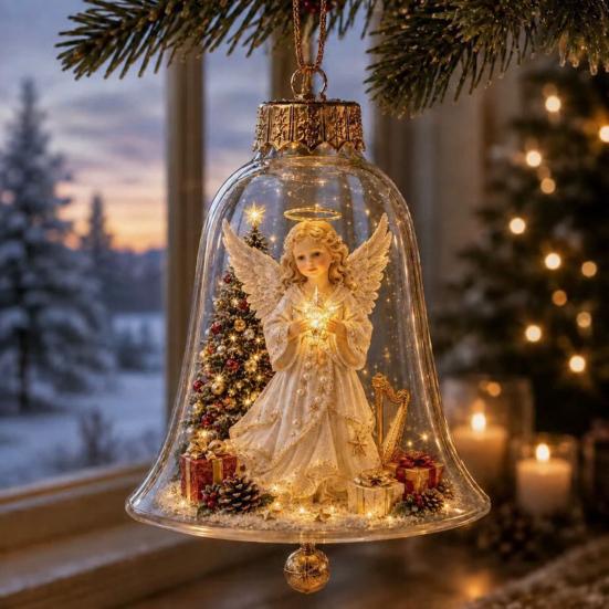 Holiday Home Atmosphere Enhancements 3D Christmas Bell Ornament, Winter Scene Clear Decoration with Santa Immersive Wonderland Ornaments Snowman