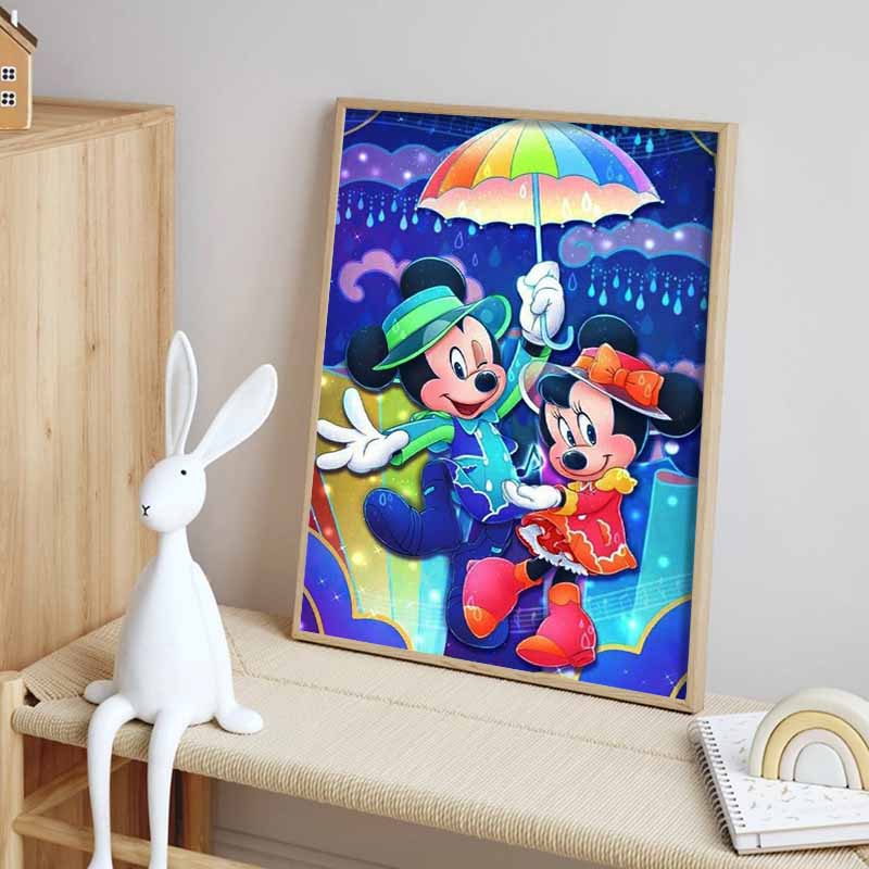 Disney Diamond Painting Mickey and Minnie Romantic Rain Illustration Mosaic Art DIY Cross Stitch Embroidery Set with Full Diamonds - Home Decor Gift