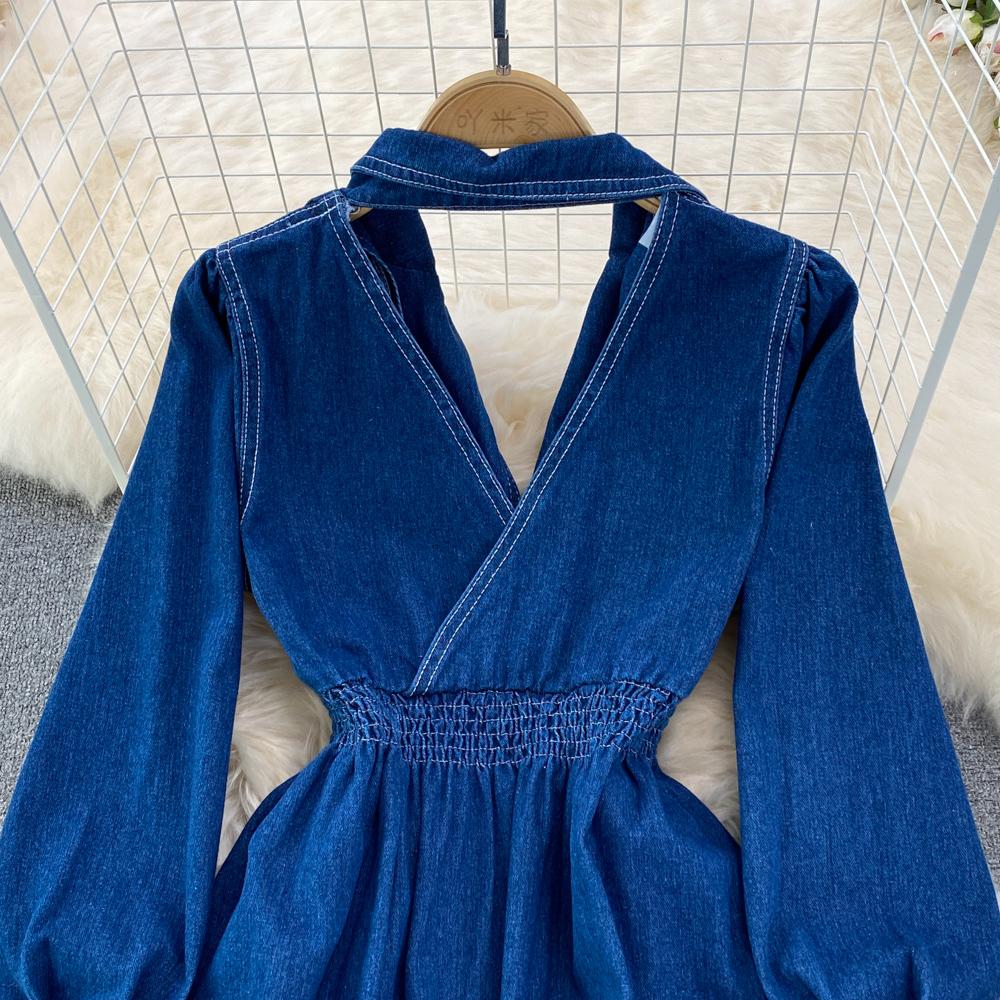 RUGOD Весеннее и осеннее джинсовое платье трапециевидной формы с воротником на талии и талией. Элегантное длинное платье.