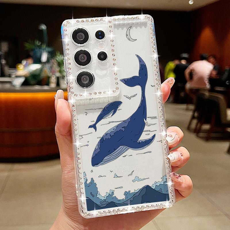 Мягкий силиконовый чехол с рисунком кита для Samsung S25 Edge S24 FE S23 Ultra S22 A16 A56 A36 A15 A55 A35 с ромбовидной рамкой, прозрачный противоударный чехол