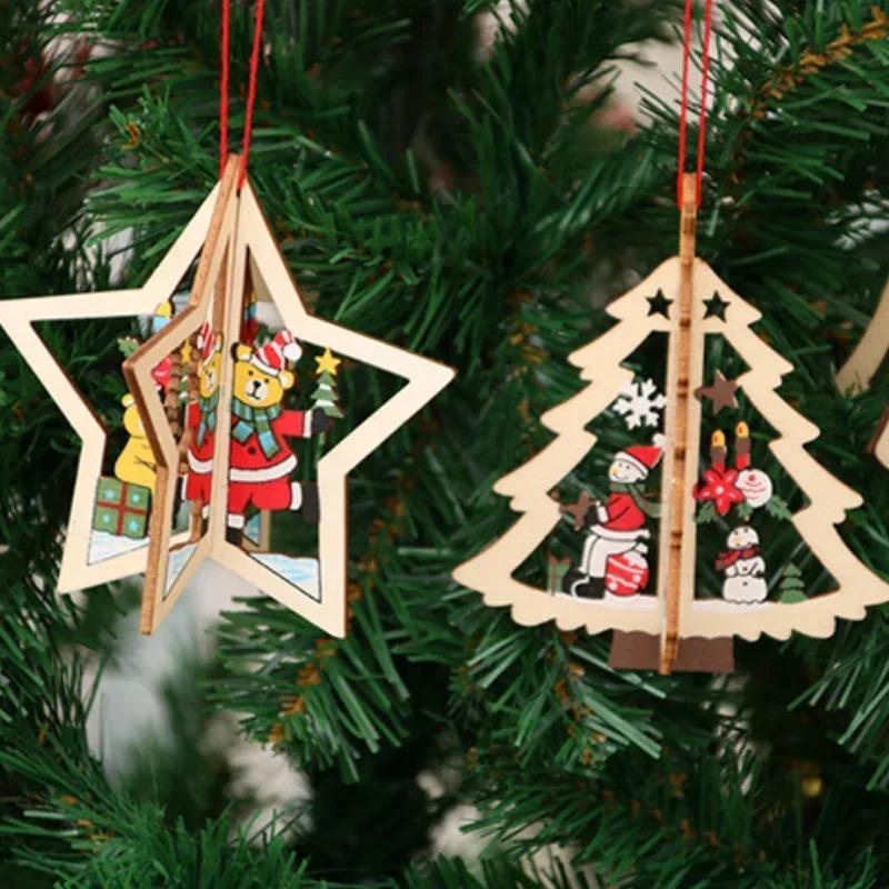 Christmas Decorations Wooden Hollow Out Christmas Tree Pendant Five-pointed Star Bell Snowman Drop Ornament Festival Home Decor