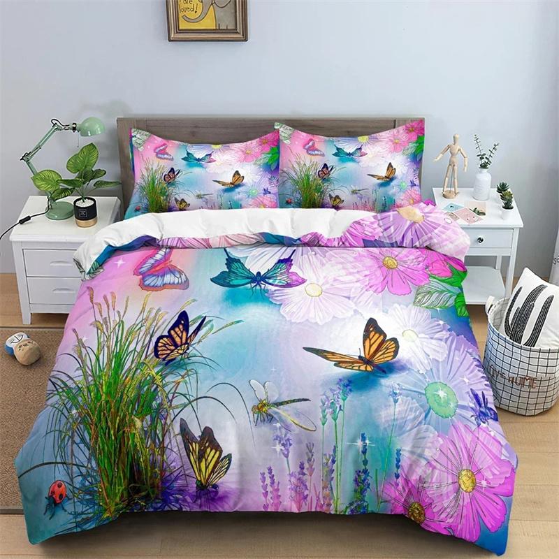 3 Pieces Watercolor Butterflies Duvet Cover Set Blue Butterfly Bed Set White Bedding Kids Girls Quilt Cover Queen Dropship