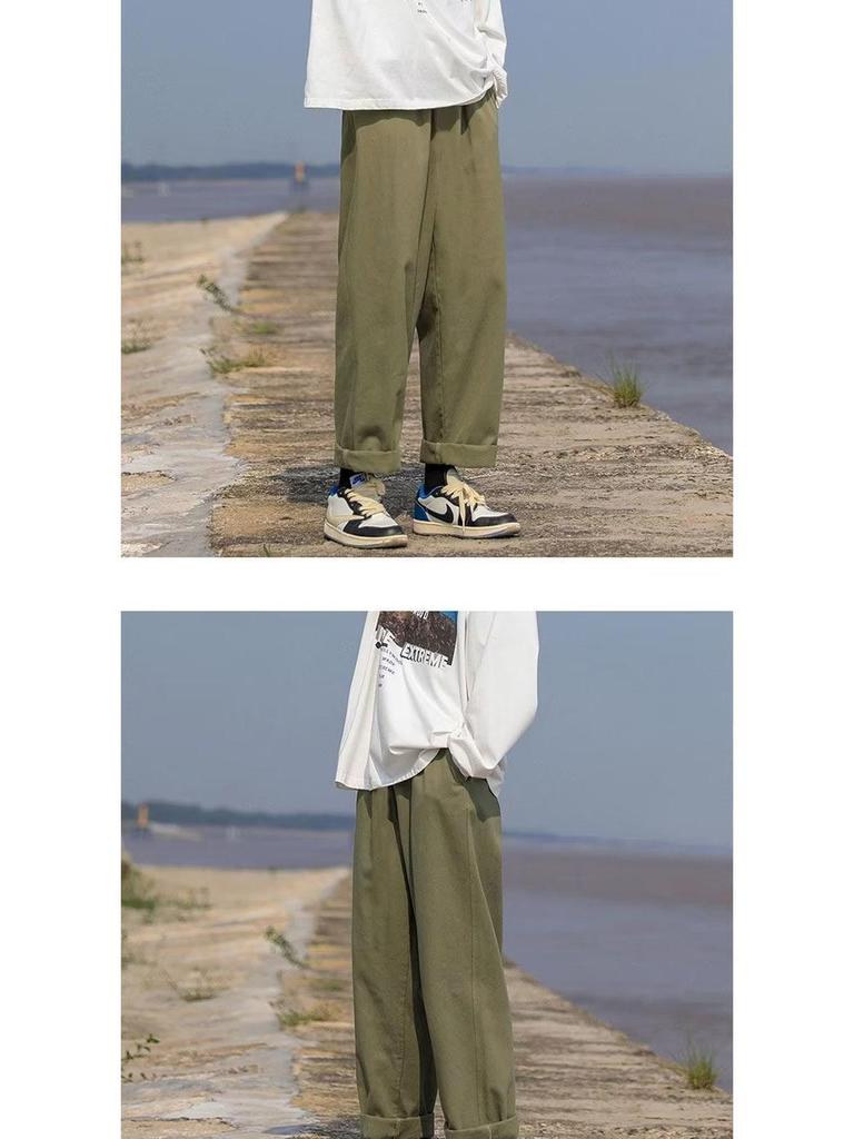 Мужские осенние свободные прямые брюки в гонконгском стиле - однотонная повседневная одежда