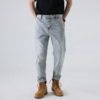 Светлые джинсы для мужчин, облегающие прямые модные укороченные брюки, мужские дышащие повседневные длинные брюки с косыми карманами