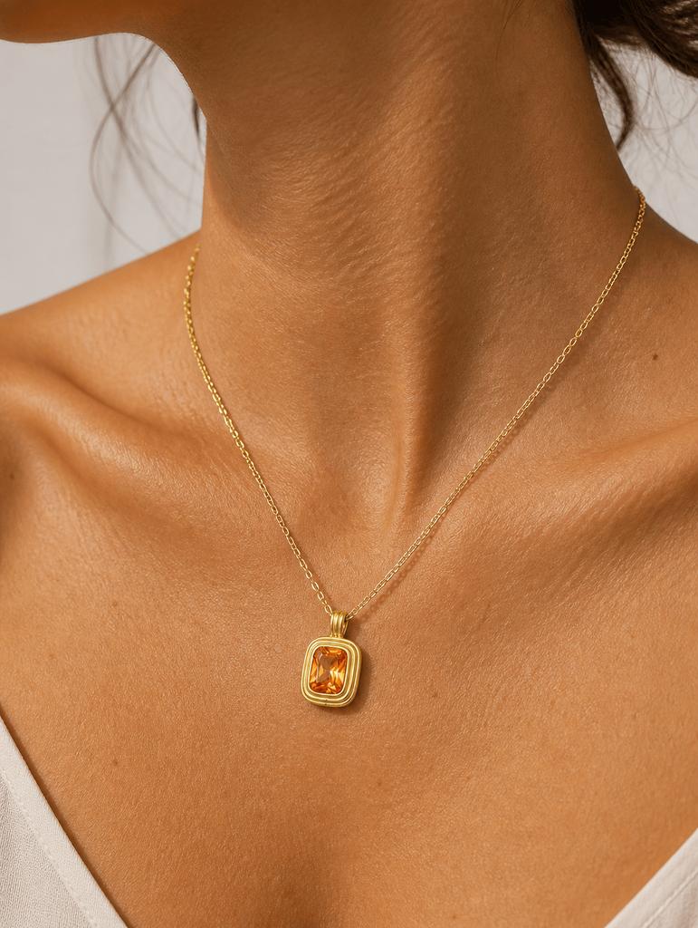 POWELL Sparkling Faceted Gemstone Gold Tone Necklace for Women Cushion Pendant Tarnish Resistant Hypoallergenic Jewelry