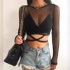 Grid Spliced Cross-banded Hollow Sunscreen Shirt Sexy Perspective Shorts Navel T-shirt Top