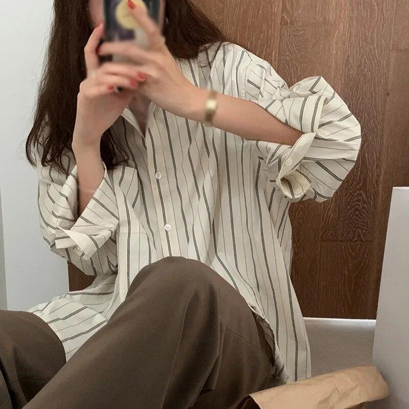 Рубашки с воротником с лацканами для женщин, свободная блузка с длинными рукавами, однобортный топ в полоску на пуговицах, рабочий офисный топ
