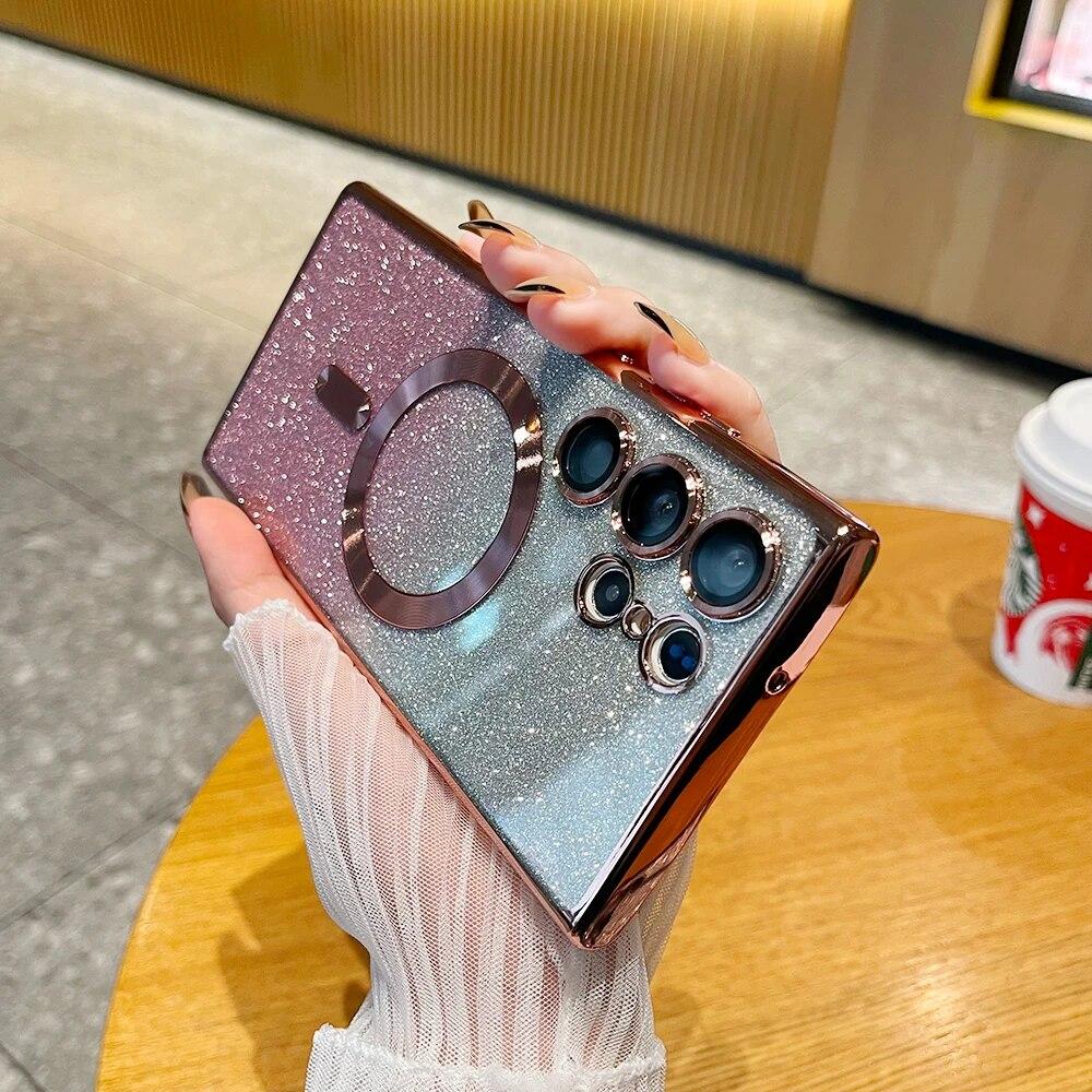Роскошный блестящий чехол с беспроводной зарядкой для Samsung Galaxy S24 S23 S22 S21 Ultra Plus, магнитный чехол MagSafe Allround, чехол для камеры, чехол