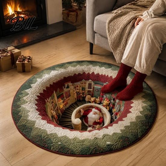 Festive Living Room Decor Christmas Round Area Rug, 3D Optical Illusion Carpet, Stain & Wear Holiday Party Resistant Throw Rug for Sofa Bedroom Home