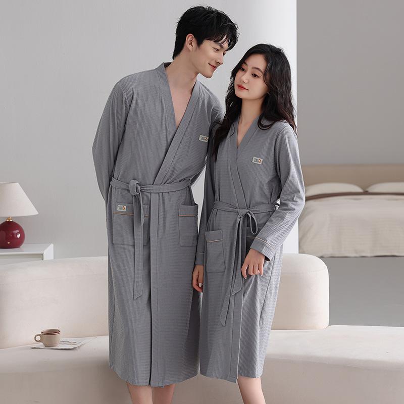 Couple Nightgown Spring And Autumn Pure Cotton Long-Sleeved Men'S And Women'S Bathrobes Medium And Long Pajamas Couple Outfit