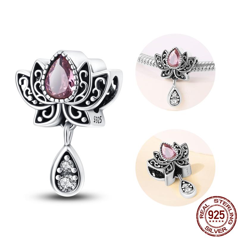 925 Silver Classic Purple Retro Heart Shape Lotus Angel Pattern Charms Beads Fit 3mm Original Bracelet DIY Jewelry Gift