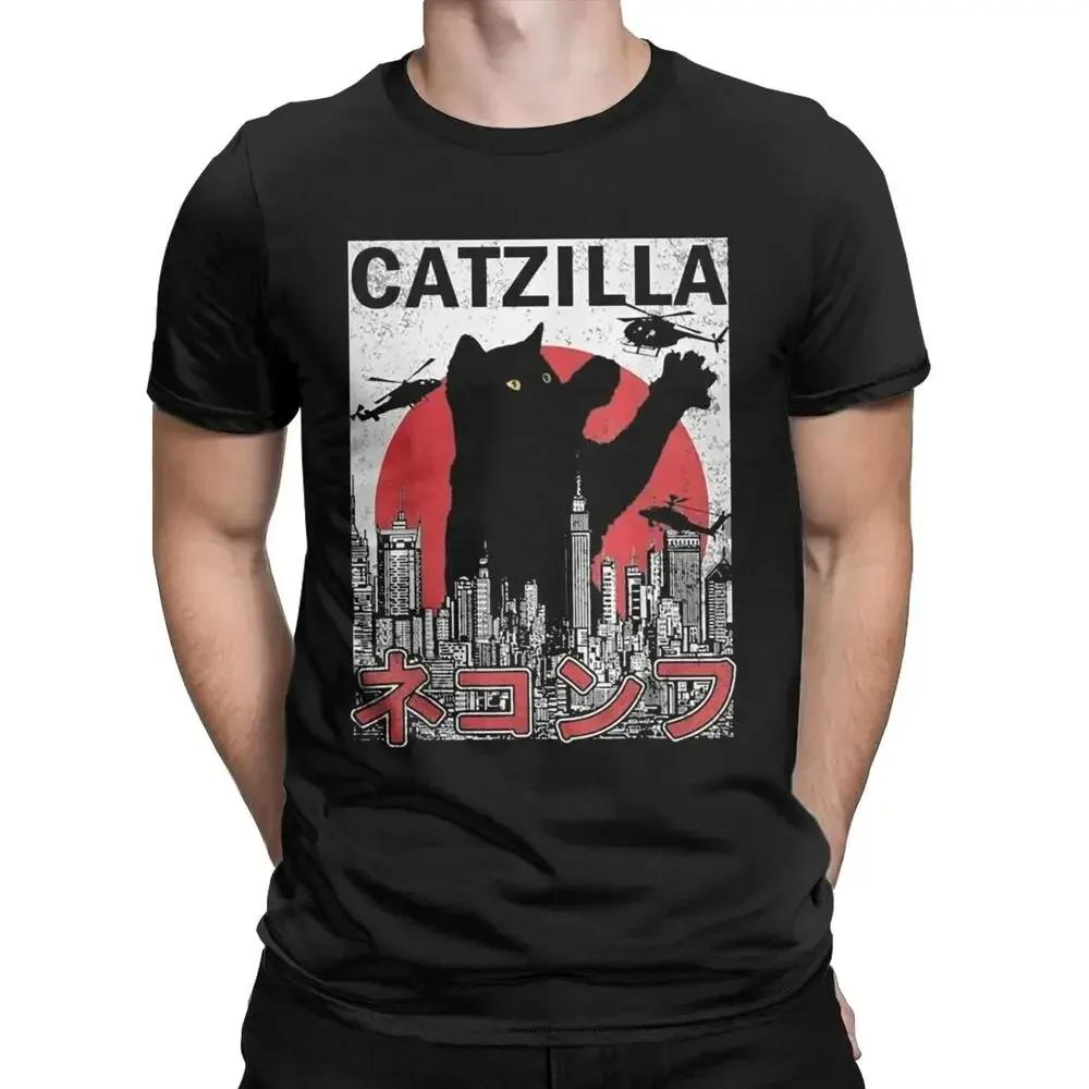 Футболки Catzilla Monsters Котёнок Мужские Женские С Круглым Вырезом Чистый Хлопок Аниме Черный Кот Повседневные С Коротким Рукавом Парные Топы