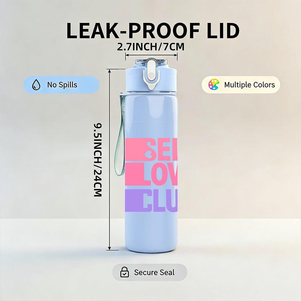 1PC Self Love Club Pink Purple Text Print 750ml Color Plastic Sports Water Bottle Leakproof Flip Straw Lid Suitable for Sports Office Home Use
