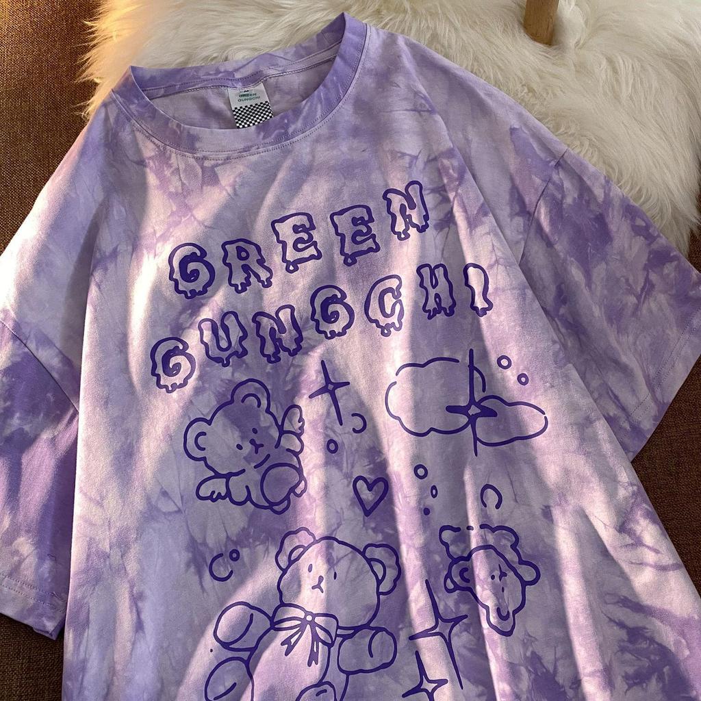 Cute Tshirt Bear Cotton Streetwear Summer Oversized T Shirt Women Harajuku Short Sleeves Tops Tee Hip Hop Tie Dyed Tshirt Funny