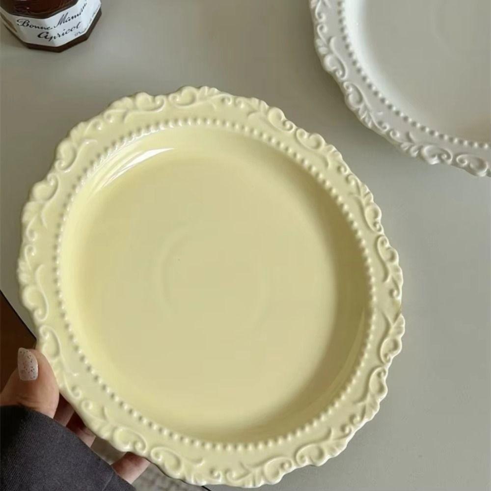 Embossed Design Ceramic Dessert Plate White/Yellow Color Western Dining Tableware Kitchen Use