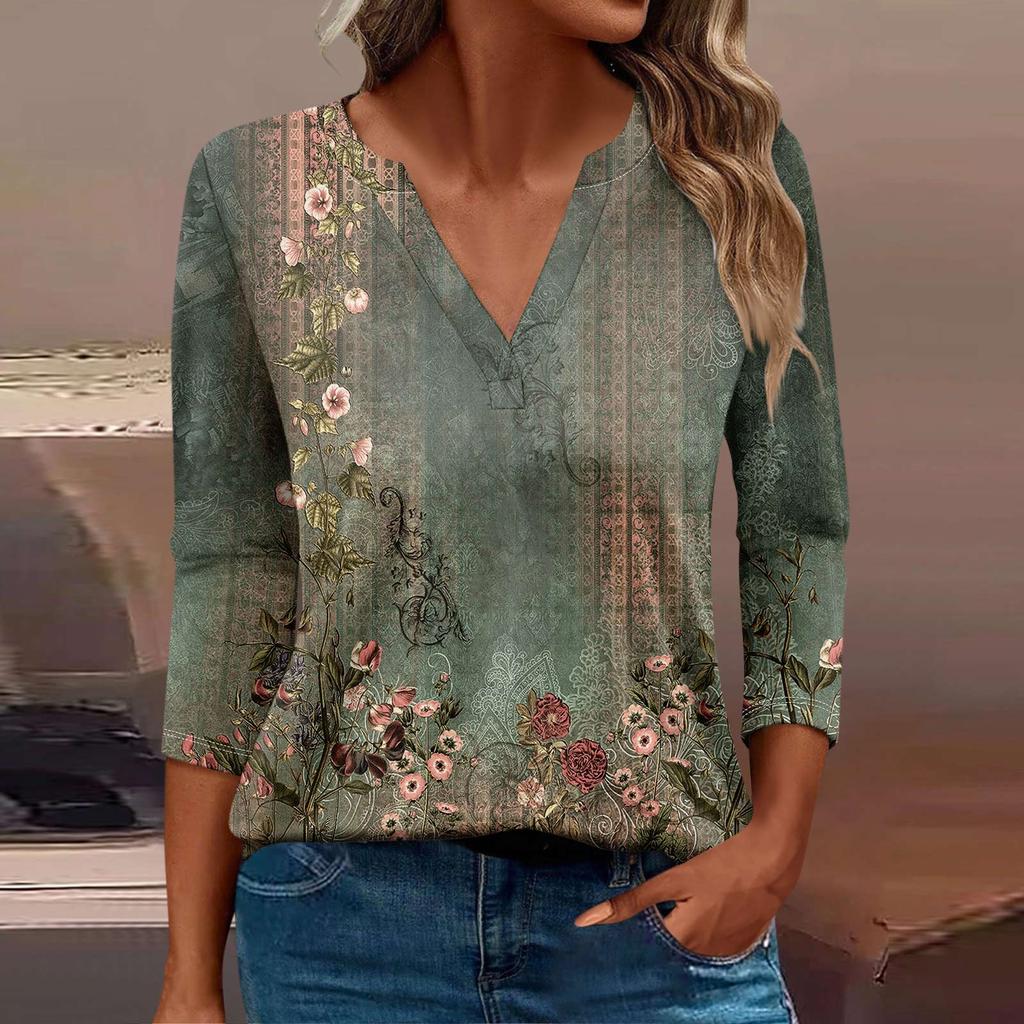 Женская футболка Футболка с принтом Рукав 3/4 Повседневные Выходные Мода Базовый V-образный вырез Обычный топ