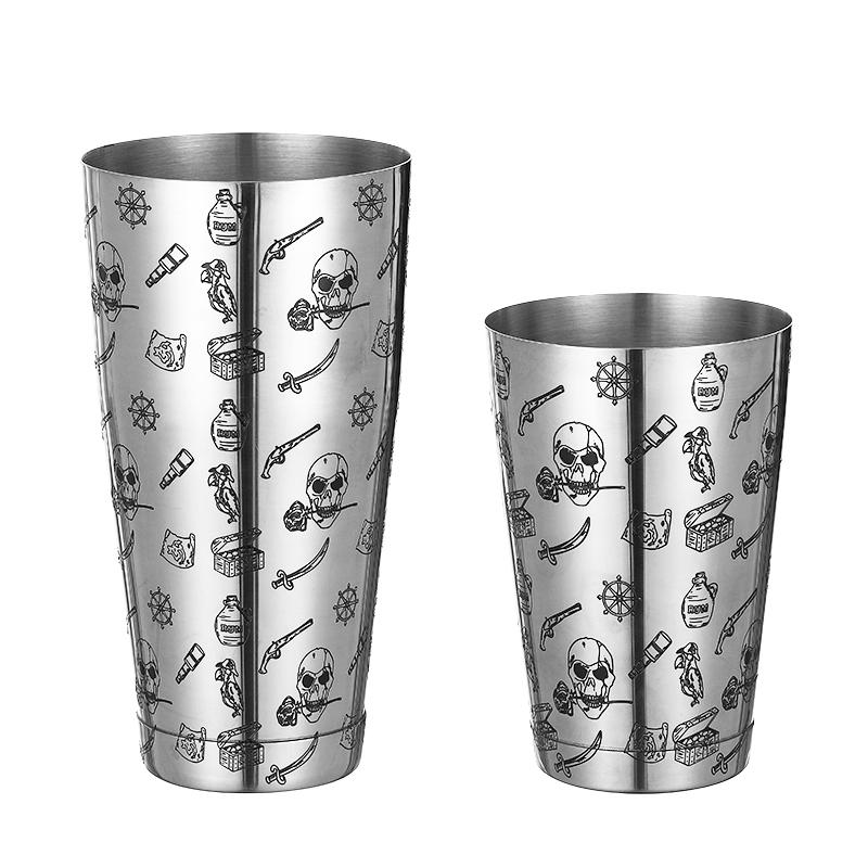 Stainless Steel 5 Piece Cocktail Set Tin-on-Tin Shaker, Jigger, Spoon and Strainer Etched W/ Skull Rose /Terracotta Army
