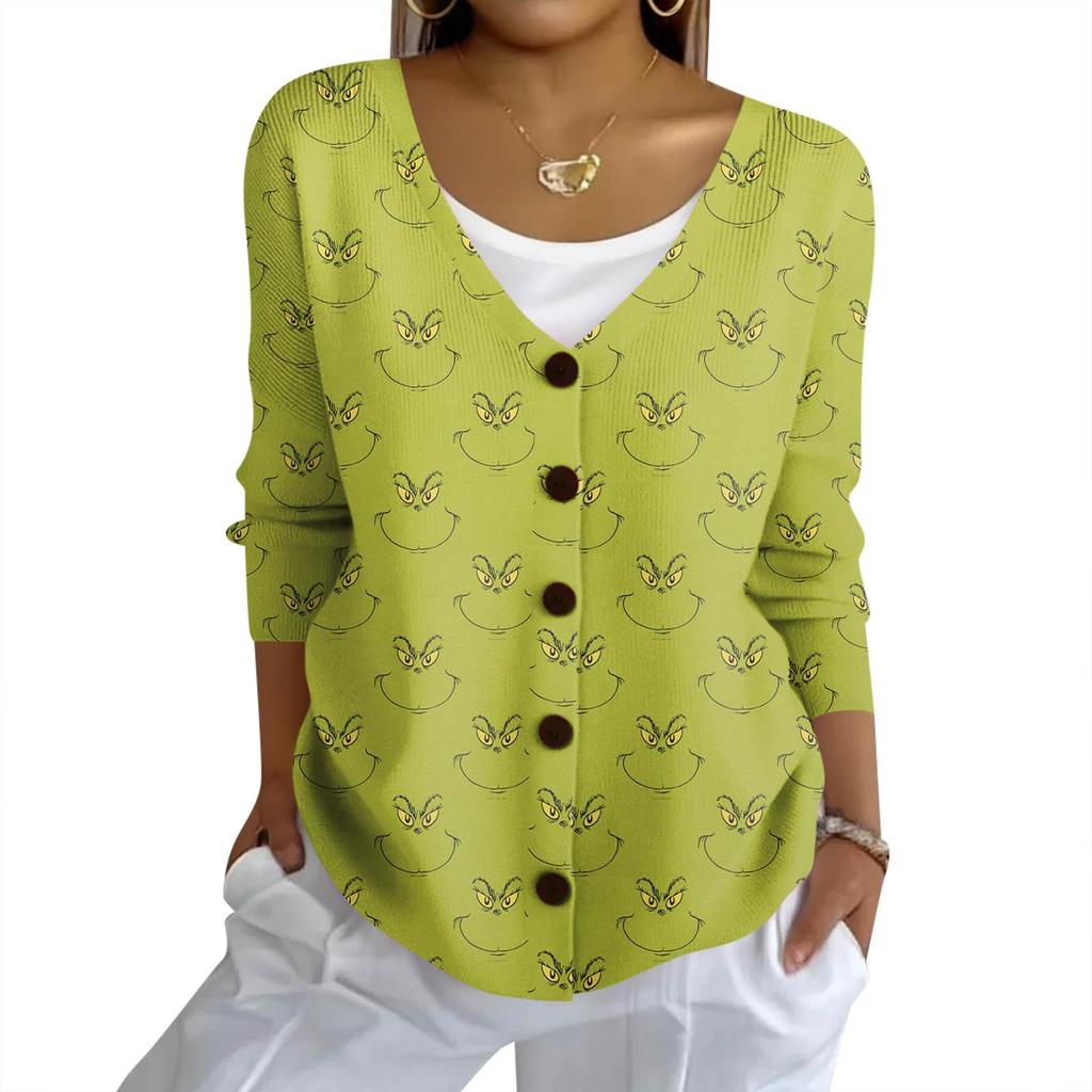 Women's Fashion Casual Knit Sweater Button-Up Christmas Print Cardigan Jacket