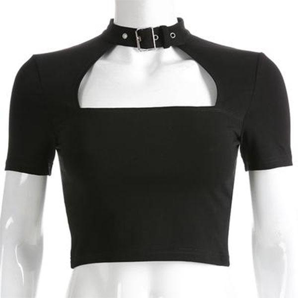 Women Fashion Punk Gothic Sexy Blouse Halter Short Sleeve Square Neck Bare Midriff Shirt Tops