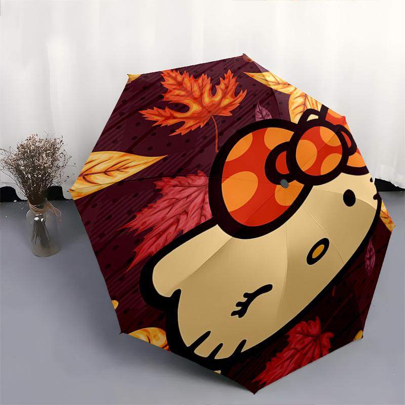 Hello Kitty,Autumn Leaves Automatic Folding Umbrella-Simple 8-Rib Design, Bright Cartoon Pattern, Durable Iron Frame, Suitable For Travel, O