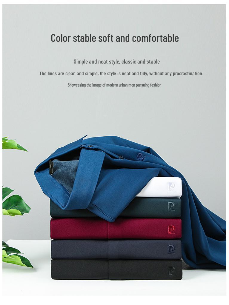 Мужская рубашка Pierre Cardin с длинным рукавом из шелка-тусса (mulberry silk) - Не требует глажки, С начесом, Высококачественный business casual для осени/зимы