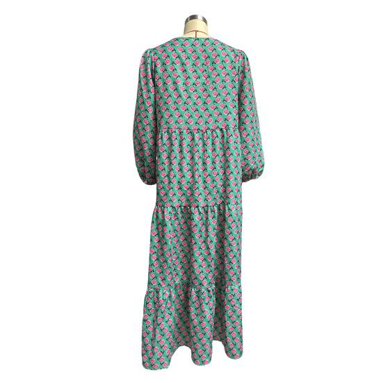 Женское платье в стиле бохо с V-образным вырезом, рукавами-фонариками, А-силуэтом, с плиссировкой и принтом, длиной до середины голени, пляжное платье для отдыха