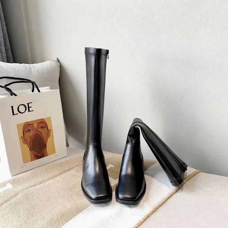 Модные зимние женские длинные кожаные сапоги Модные однотонные простые осенние новые женские коричневые сапоги до колена Модные повседневные готические боты