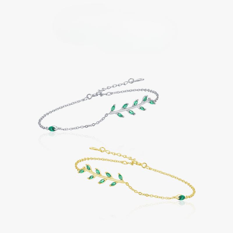 S925 Серебро Простой и модный браслет с веткой зеленого листа Женственный легкий роскошный маленький свежий серебряный японский и корейский браслет ручной работы
