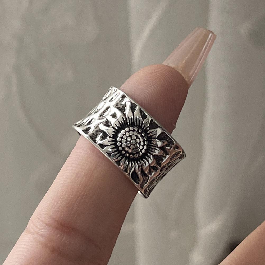 925 Sterling Silver Rings For Women Geometric Fine Jewelry Finger Adjustable Simple Vintage FLower Ring For Party Birthday Gift