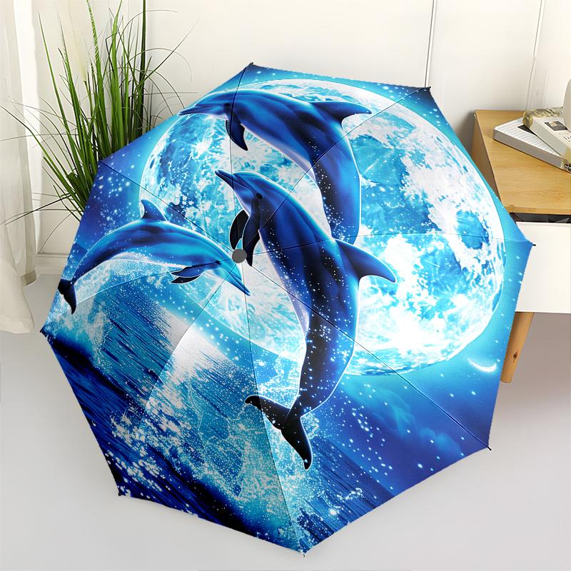 Dolphins Moonlight Theme 8 Bone Hand Automatic Folding Fashion umbrella, Compact and Portable Design, A Perfect Gift for Birthday, Christmas