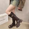 Модная обувь для женщин 2024 Бренд Пряжка-ремень Женские сапоги Модная металлическая отделка Современные сапоги Женские Новые Круглый носок Платформа До середины икры
