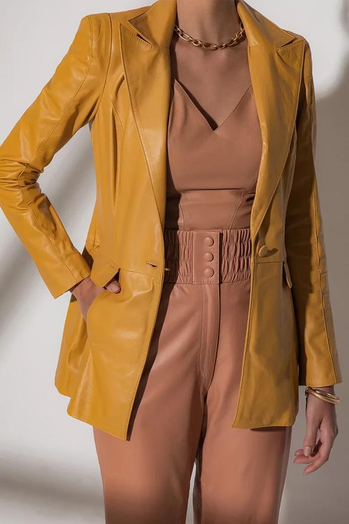 Leather Party Wear Stylish Blazer Yellow Button Genuine Women's Real Lambskin