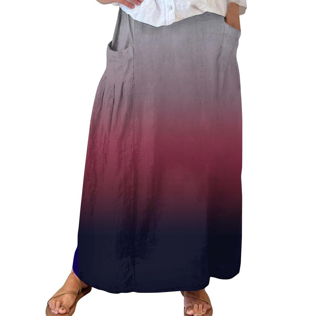 Women Casual Loose Boho Elastic Waist A-Line Beach Flowy Swing Vacation Maxi Skirt With Pocket