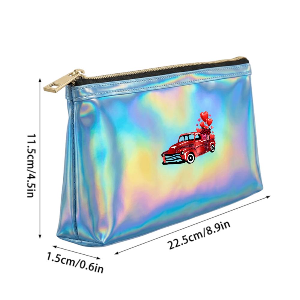 Vintage Red Truck with Heart Balloons Print Laser Cosmetic Makeup BagShiny Toiletry Organizer for Romantic Gift Travel Accessory