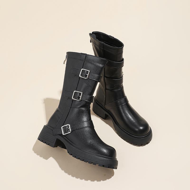 Ботильоны в британском стиле с пряжкой на ремне, новинка осени и зимы 2025, с круглым носком и толстым каблуком, ботинки мартин, женские ковбойские ботинки