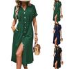 Women's Casual And Fashionable Solid Color V-Neck Pocket Button Drawstring Short Sleeved Dress