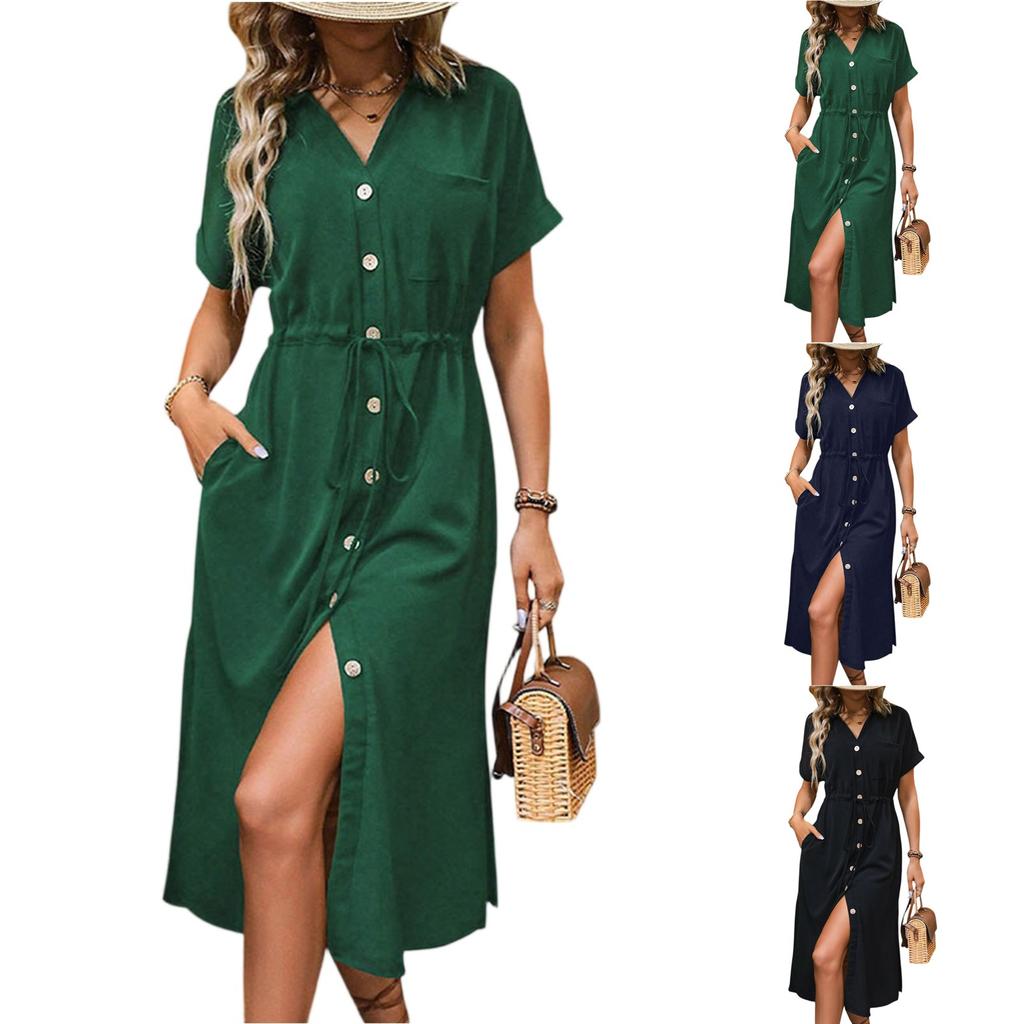 Women's Casual And Fashionable Solid Color V-Neck Pocket Button Drawstring Short Sleeved Dress