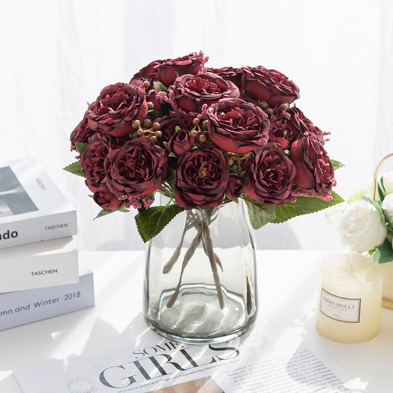 5-Petal Autumn-Colored Peony Artificial Flower Bride Bouquet Wedding Living Room Table Decoration For Vase Home Diy Fake Plants