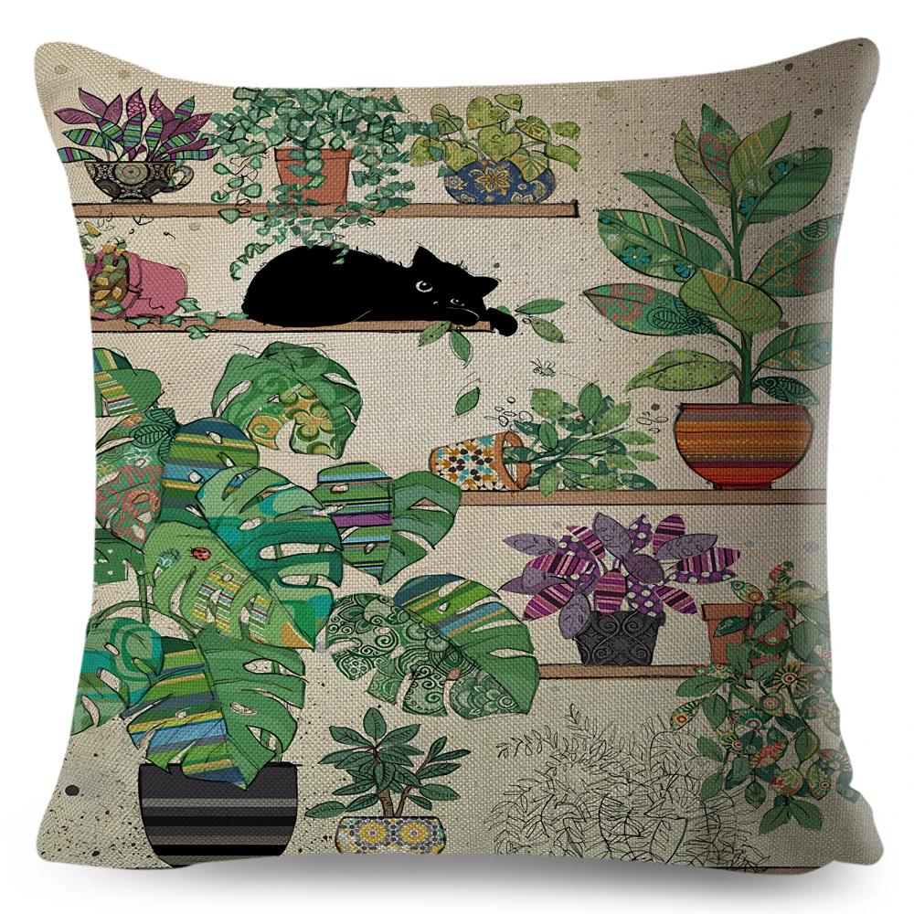 Милый Элегантный Чехол для Подушки с Черным Котом, Двусторонняя Печать, Декор, Мультяшный Животный Наволочка для Дивана, Дома, Автомобиля, Льняная Наволочка для Подушки