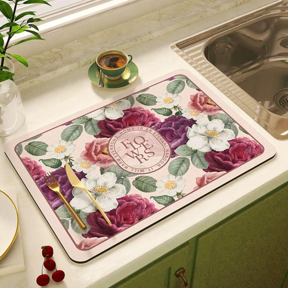 Non-slip Draining Mat Flower Print Drain Pad Placemat Dish Drying Mat Table Decor